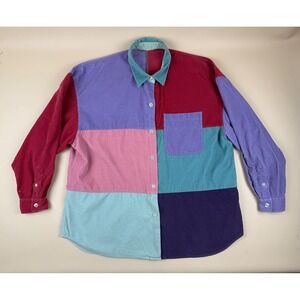 Vintage 90s Colorblock Corduroy Button Up Shirt Oversized Patchwork Womens L